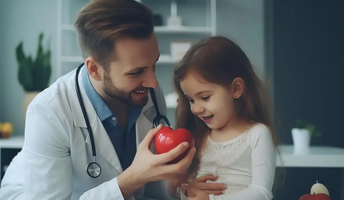 Doctor examining a girl and reassuring her with an apple