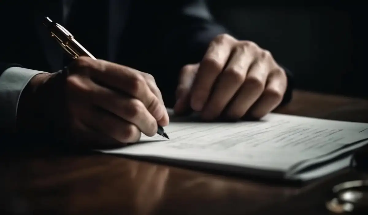 Businessman signing contract at desk with pen