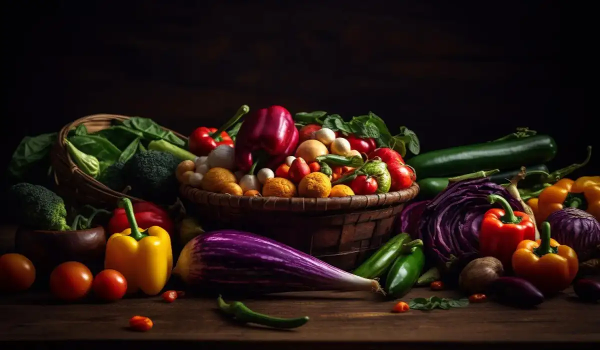 Healthy vegetables in wooden basket on table