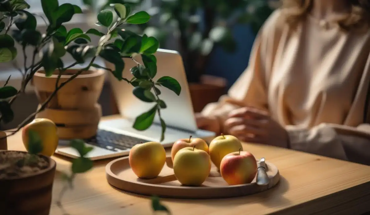 Several apples on the table while a woman works on her laptop