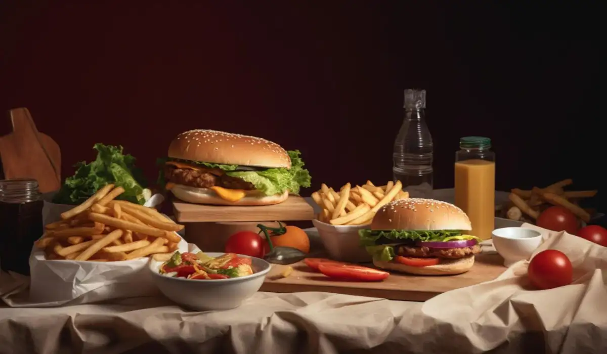 A table full of food including a burger and fries