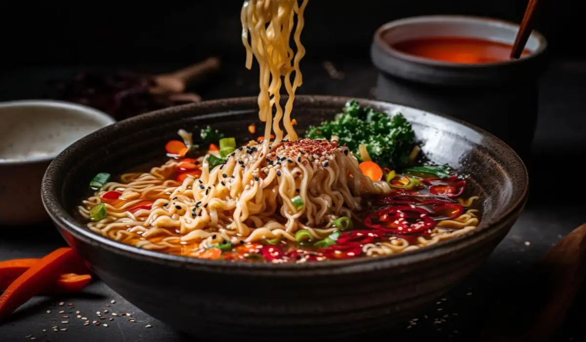 Homemade noodle soup with fresh vegetables and herbs