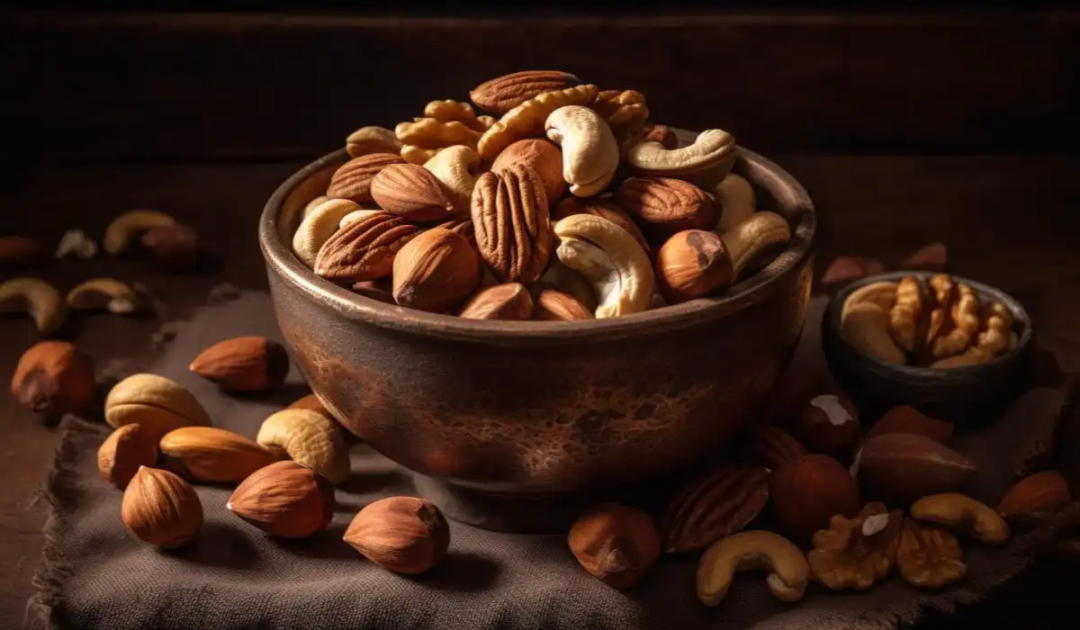 Nutty snack bowl almonds cashews pecans walnuts
