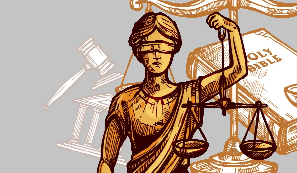 Lady Justice with other objects in the background