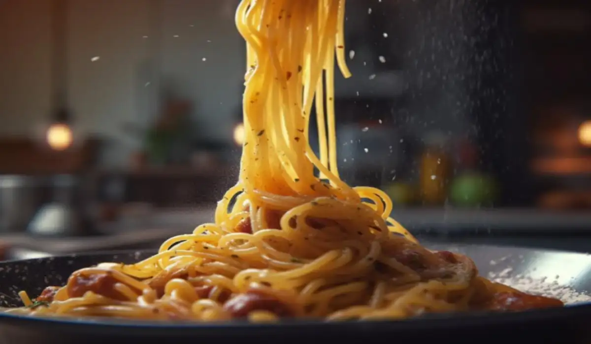 Putting spaghetti on a plate