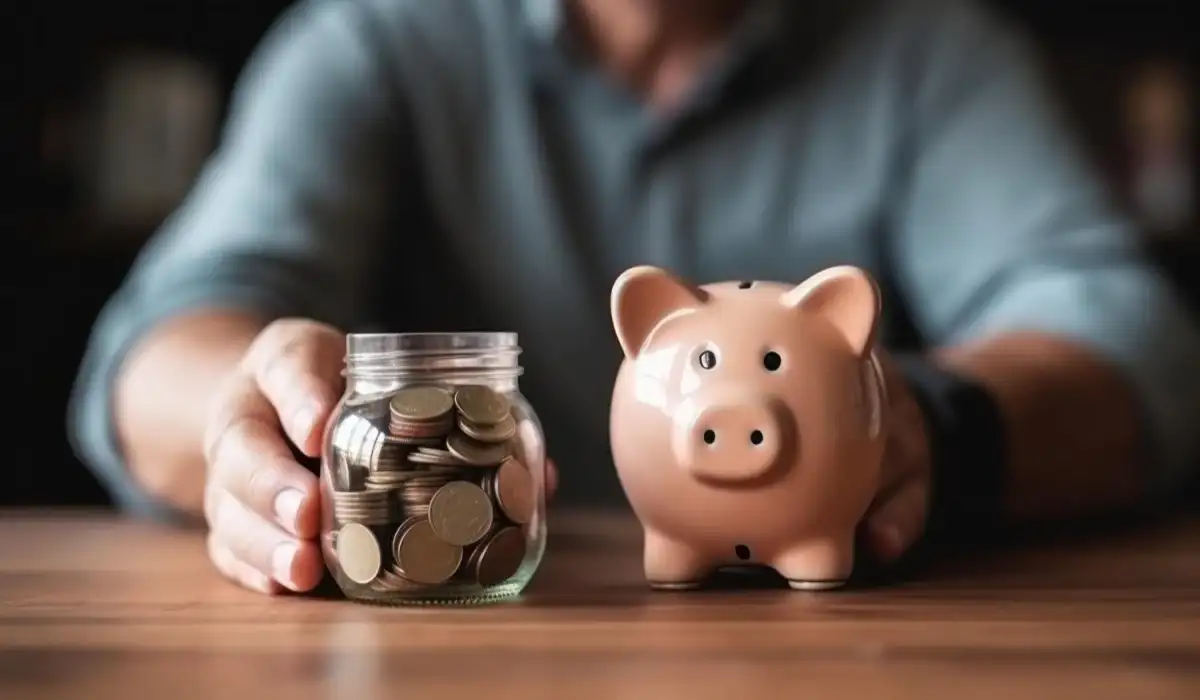 Man at table with piggy bank happily saving
