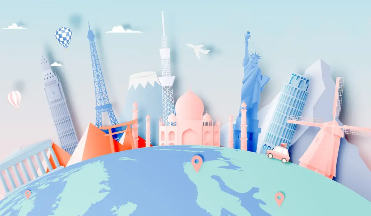 Various tourist attractions in paper art style