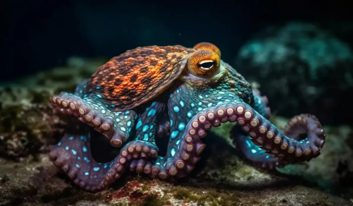 Octopus swims in a tropical reef