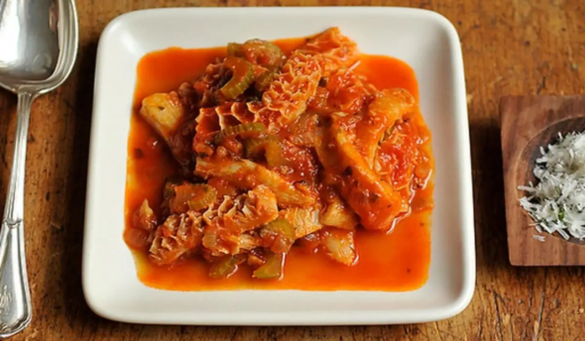 A plate with cooked tripe served and ready to eat
