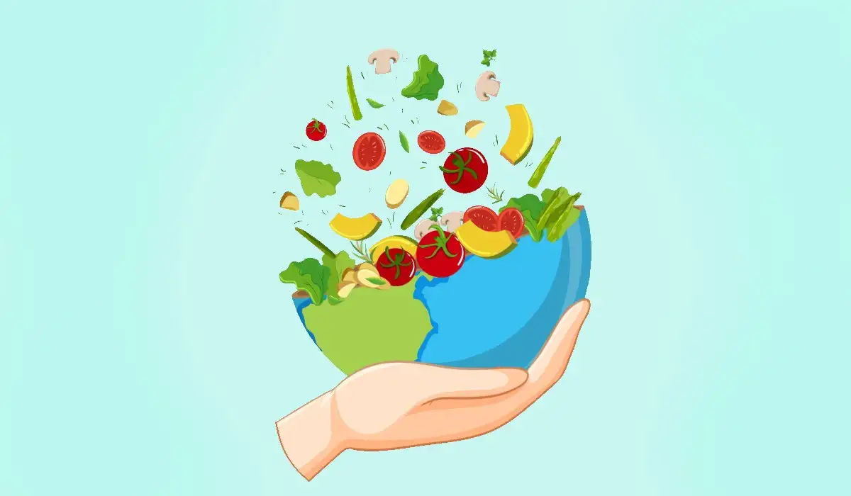 Illustration of hands holding an earth-shaped bowl with various vegetables