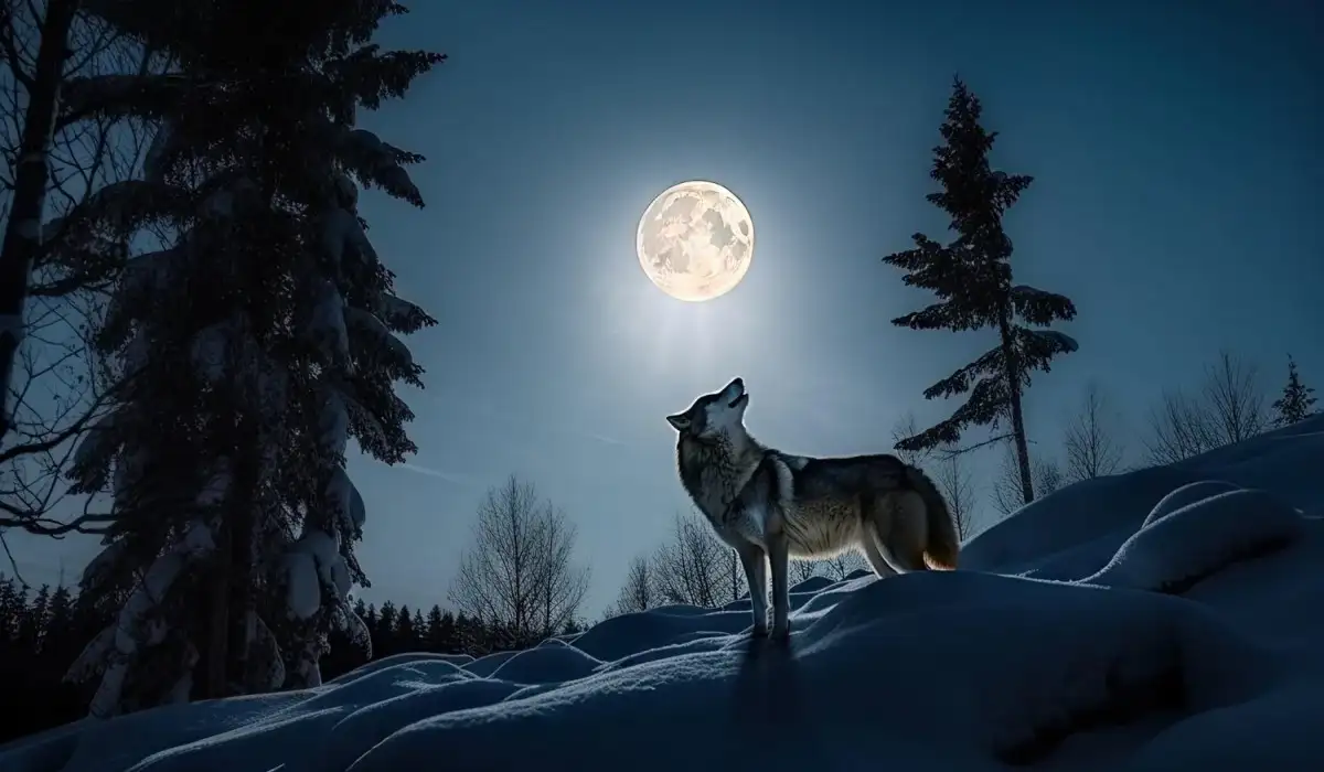 Wolf howling at full moon in snowy winter forest