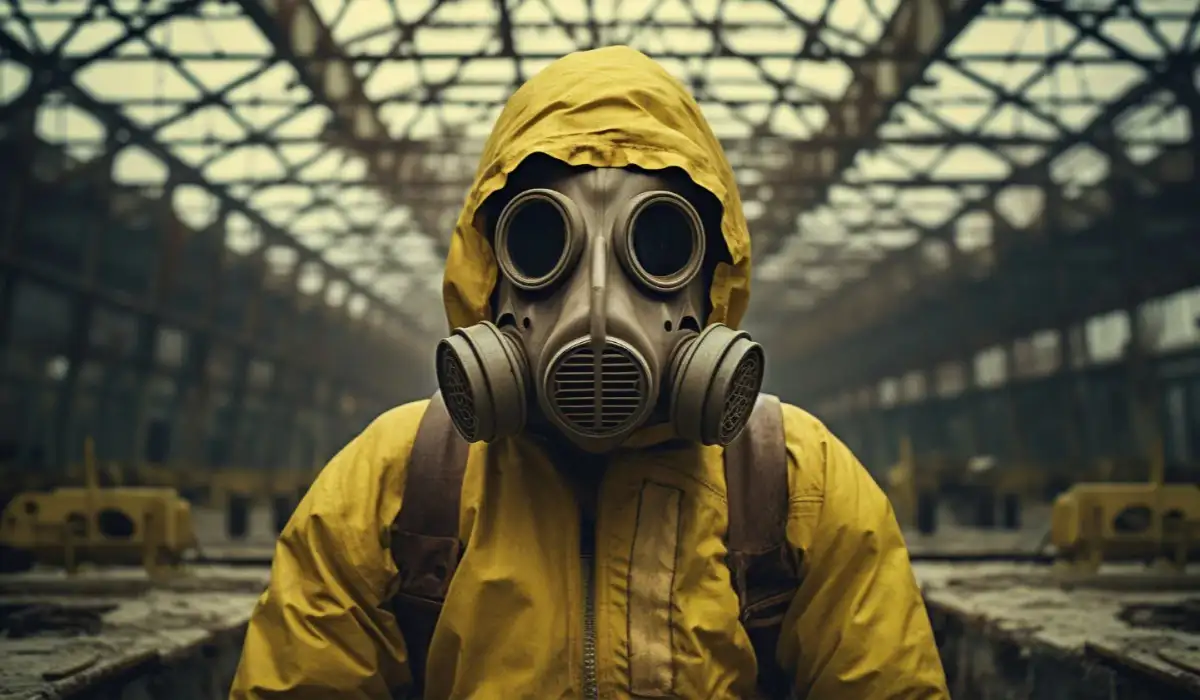 Person with hazardous materials and mask inside a chemical weapons plant