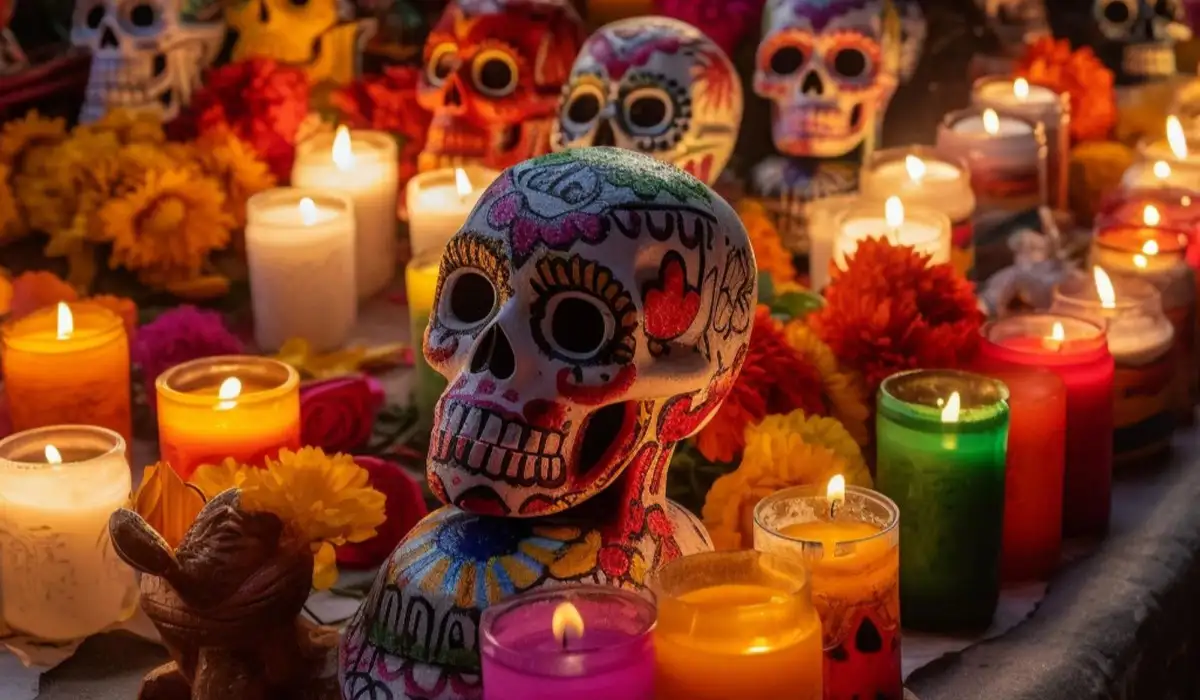 A table of candles with skulls on top for the day of the dead