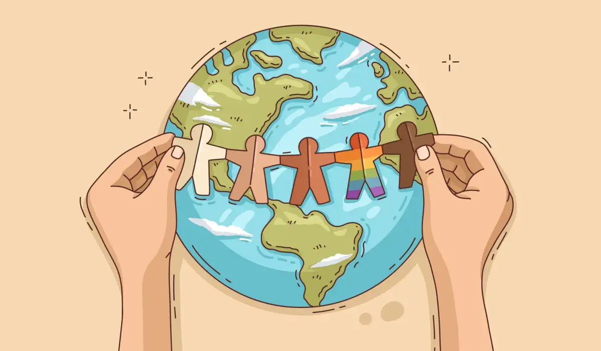 Hands holding paper figures over world background, all in illustration of international tolerance day