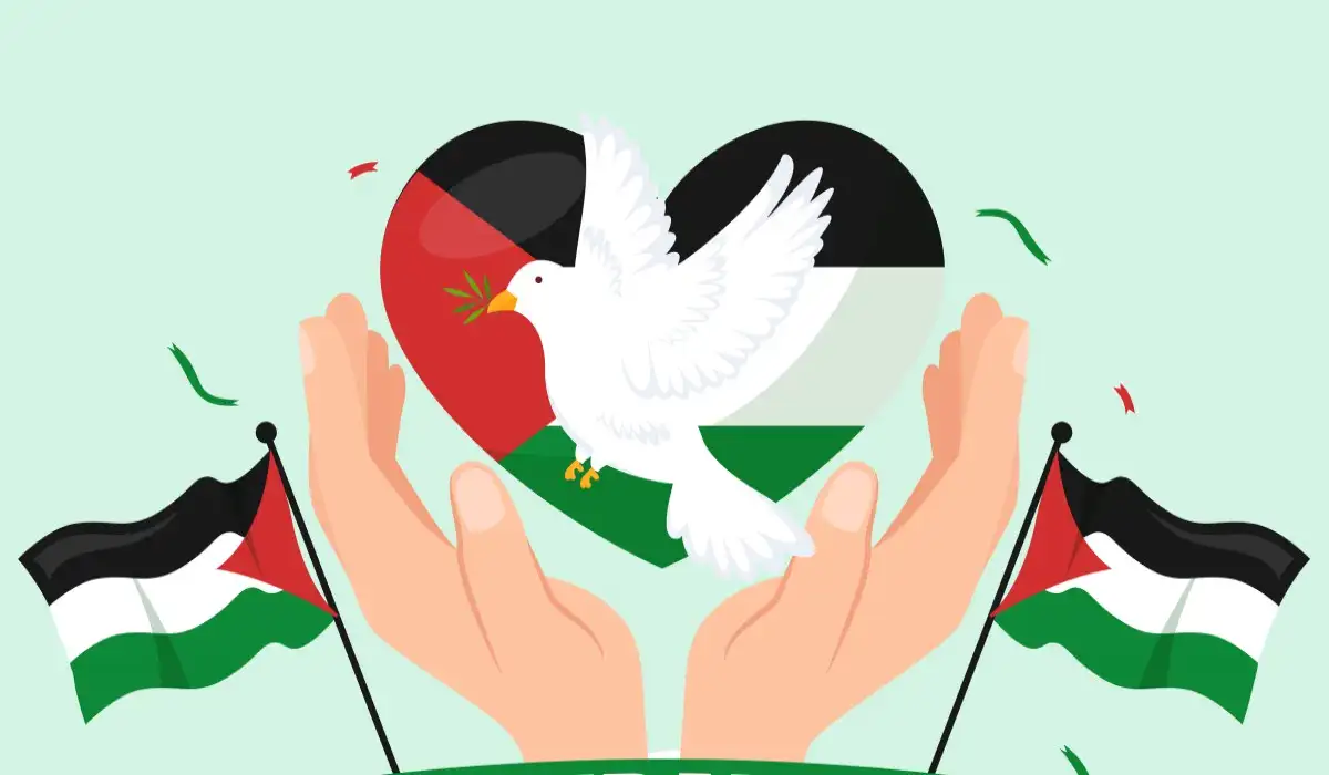 Hands with heart in Palestine flag colors with flags on the sides and a dove in the center