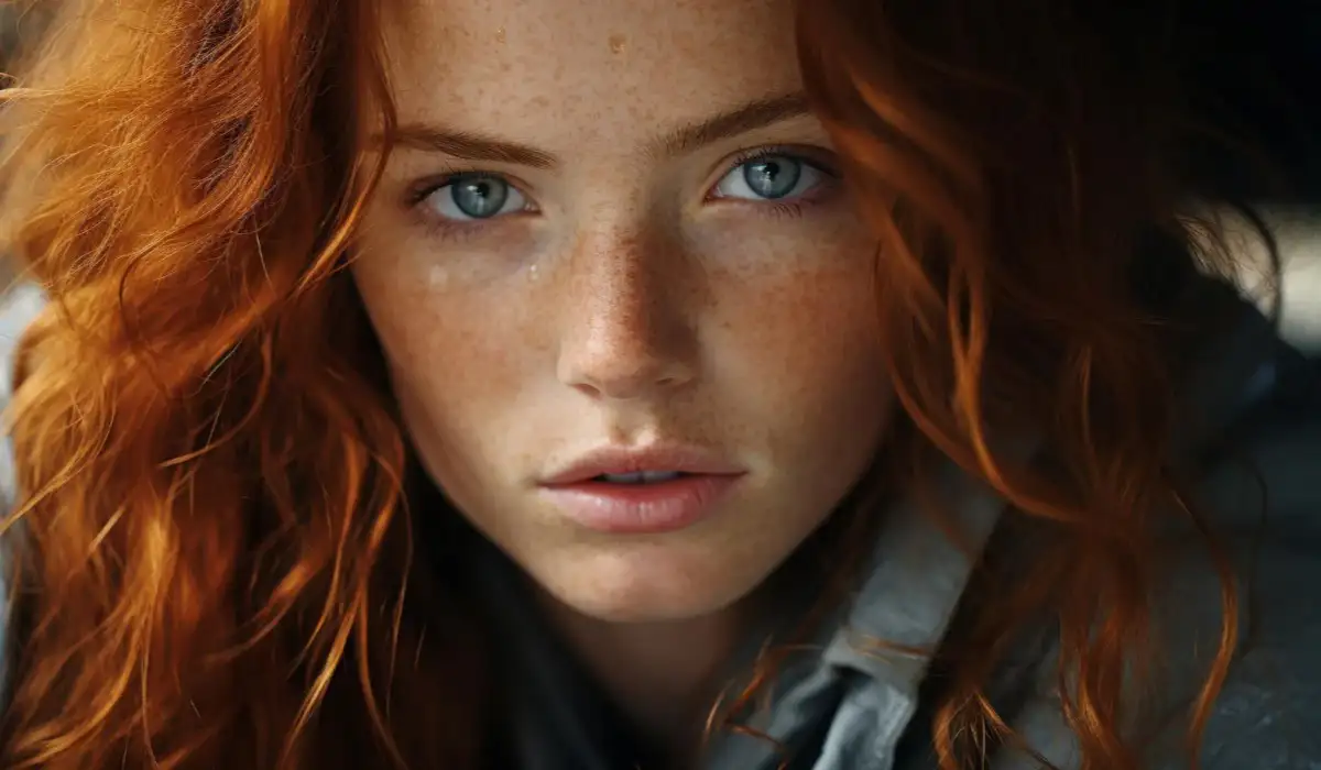 A beautiful young redhead woman with freckles looking confidently at the camera