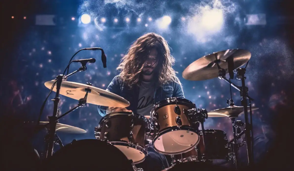 A drummer playing drums in front of a crowd