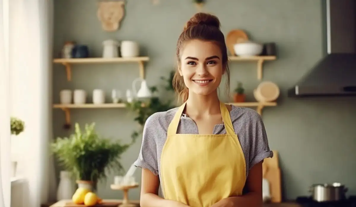 Smiling housewife in apron standing in kitchen