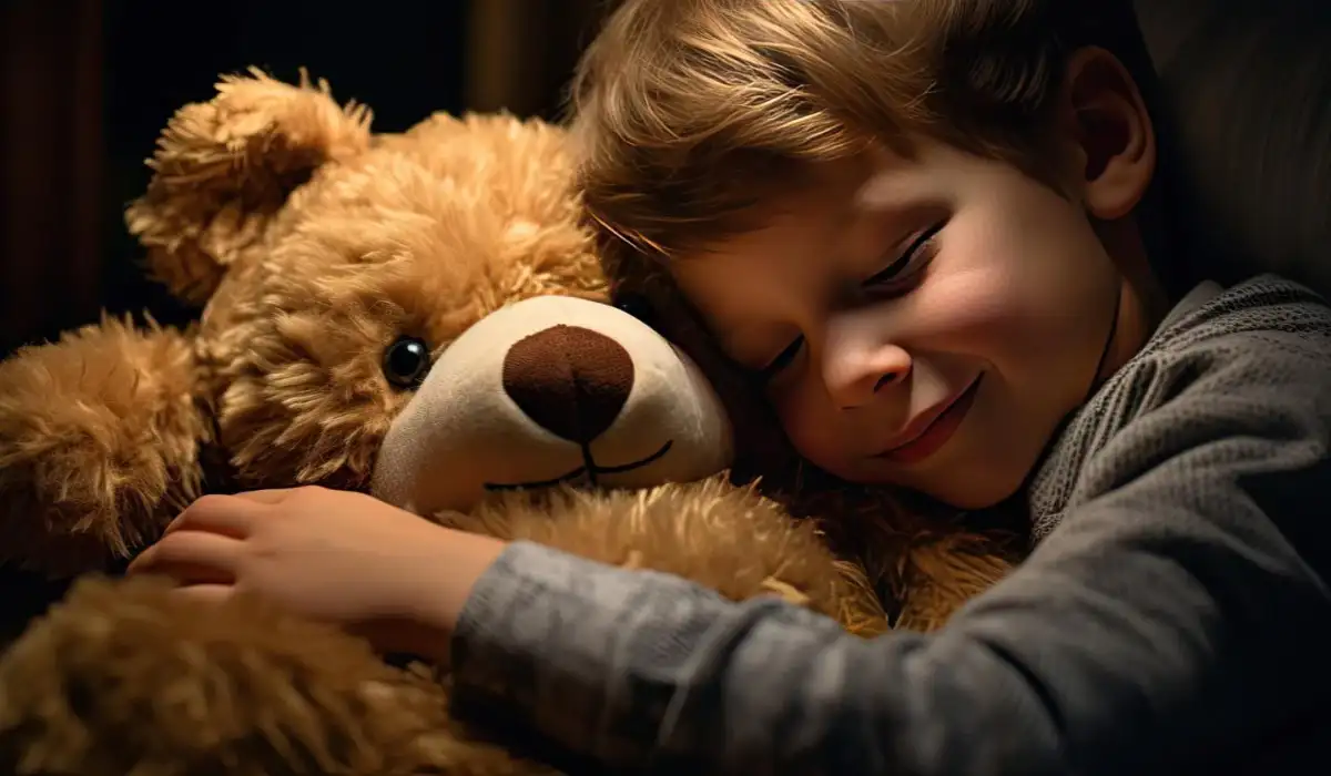 A cute little boy hugs a big soft teddy bear