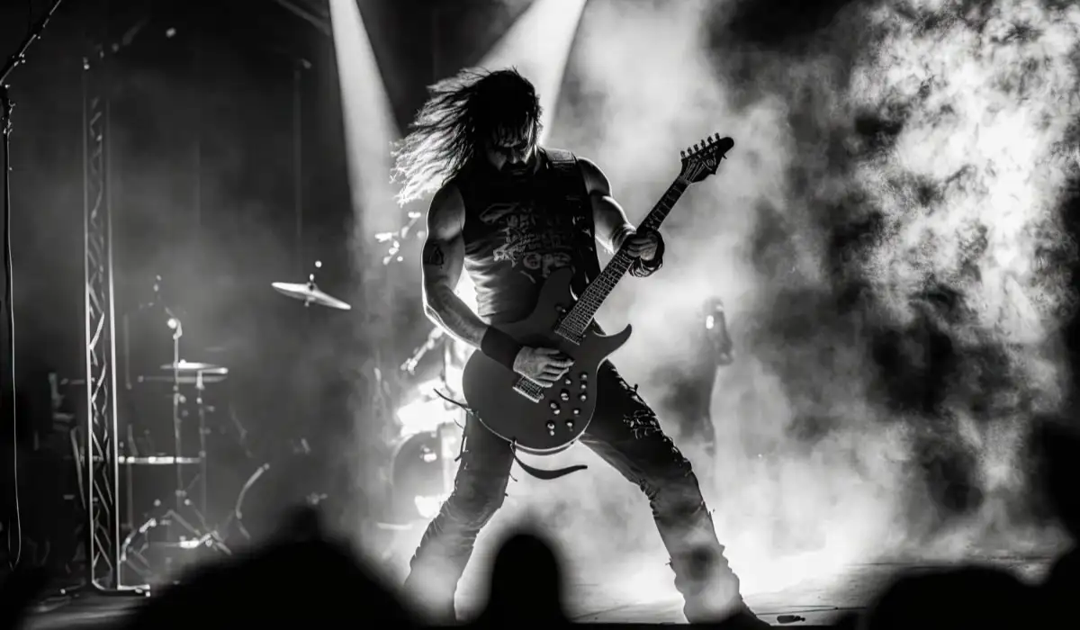 Heavy metal guitarist with smoky atmosphere performing dynamic solo on stage