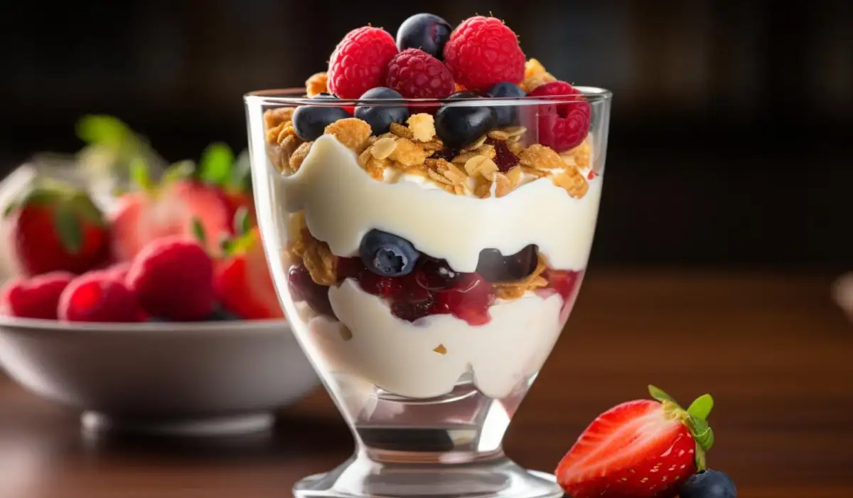 Yogurt parfait with fresh fruits on rustic wooden table