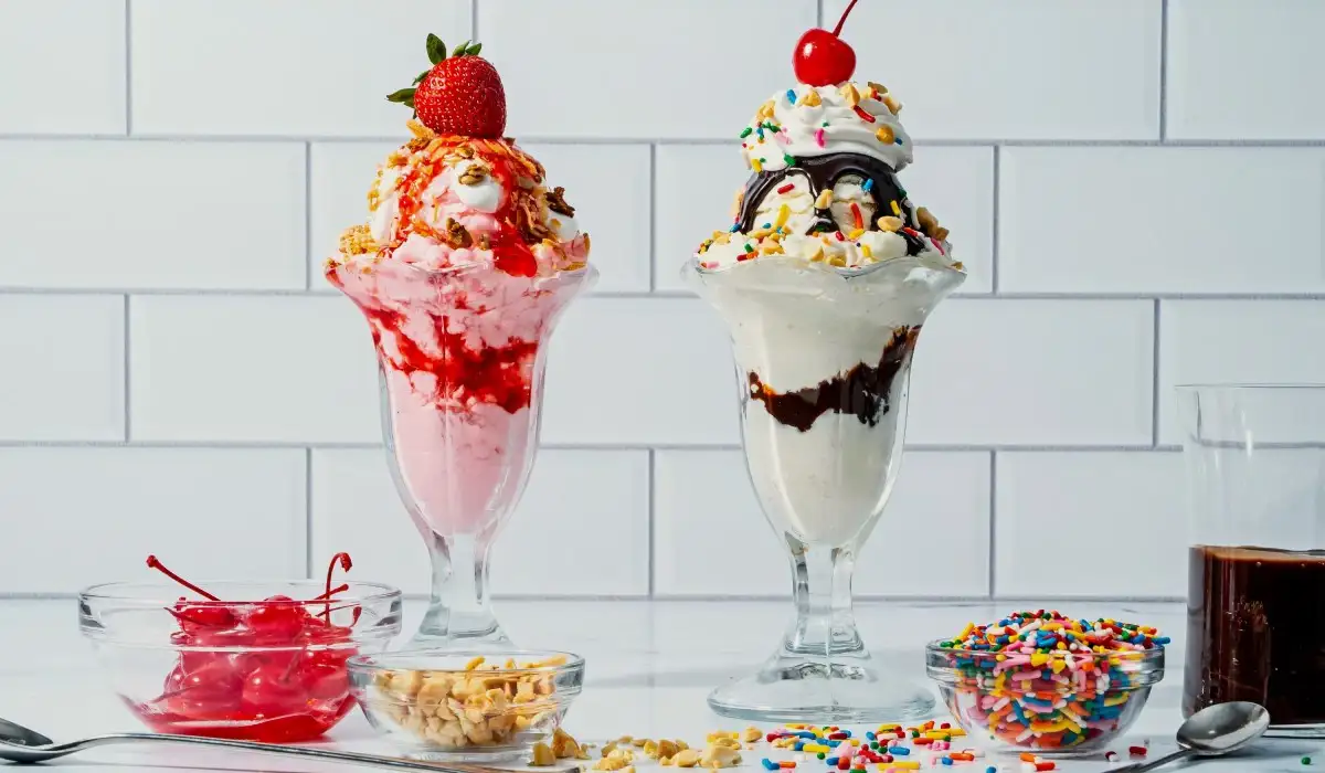 Two ice cream sundae with strawberries and cherries