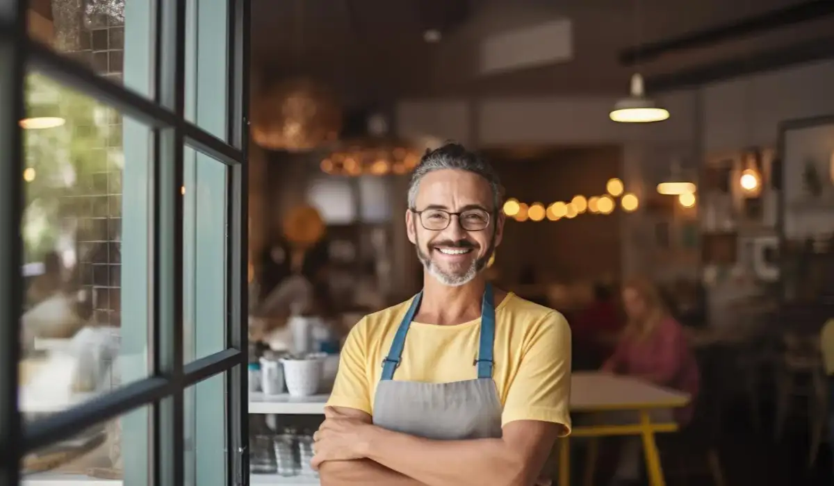 A man stands in front of a window of his small business with his arms crossed.