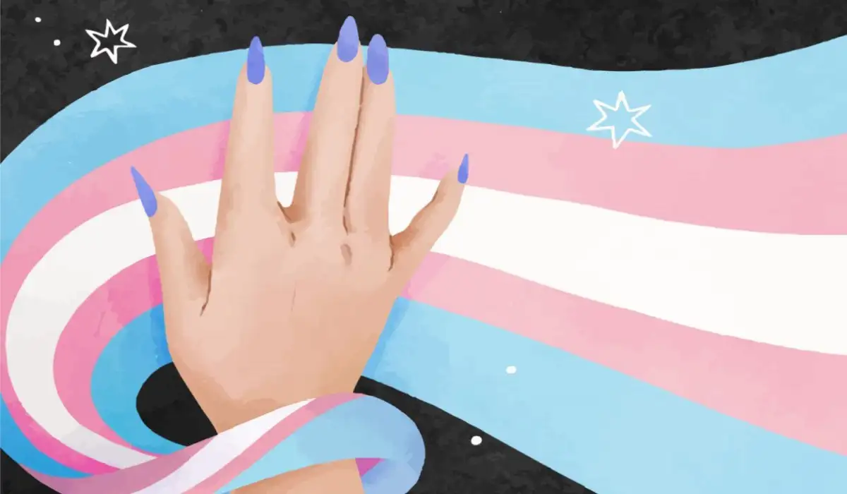 Hand with ribbon with transgender flag colors