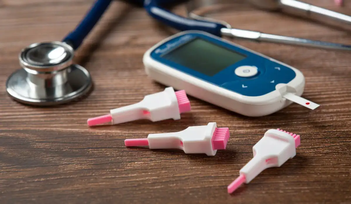 World diabetes day, medical equipment on wooden floor
