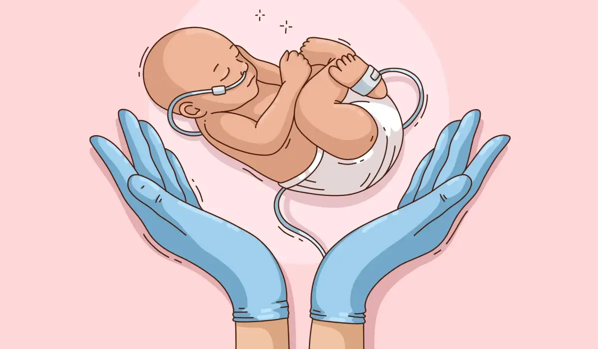 Hands with surgical gloves holding a premature baby