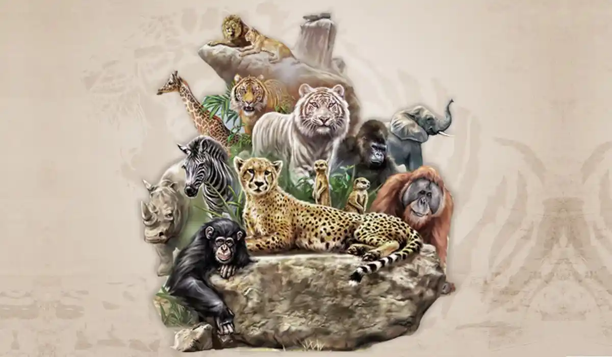 Various animals such as lion, tiger, elephant, gorilla, zebra, rhino, chimpanzee, meerkat, giraffe, all on a brown background