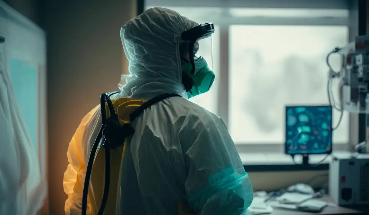 Doctor in protective suit and mask in hospital pandemic virus ward