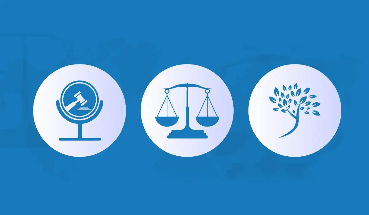 Three icons such as weights, a judge's gavel and a tree branch as neutrality day