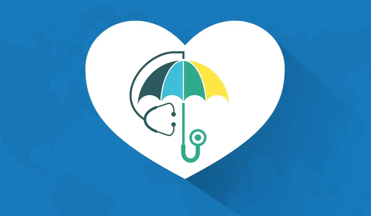 A white heart with an umbrella with a stethoscope, on a blue background with the world map, all illustrating universal health coverage