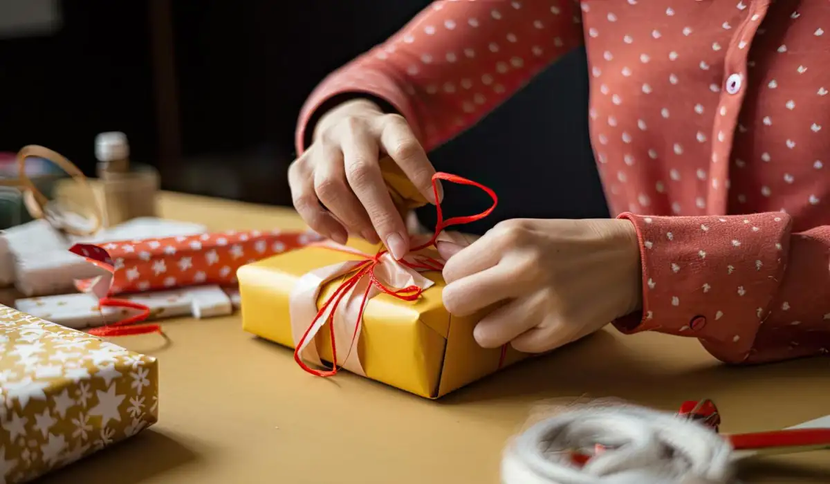 Person wrapping presents with festive ribbon and bow