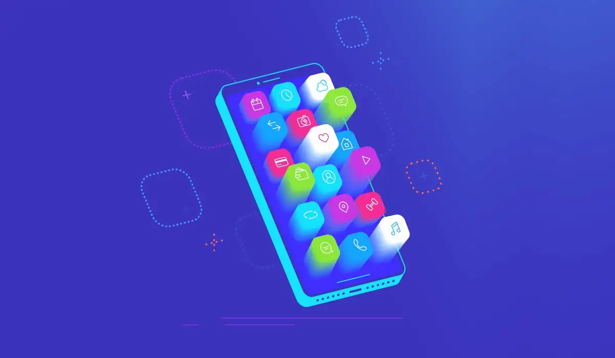 Isometric view smartphone with various applications flying on the screen with mobile application icons such as social networks, messages, calls, maps, weather, smart home, among others