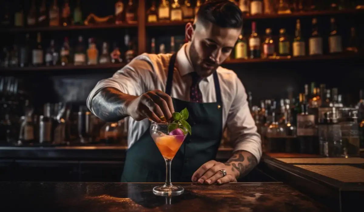 A bartender finishing decorating a cocktail