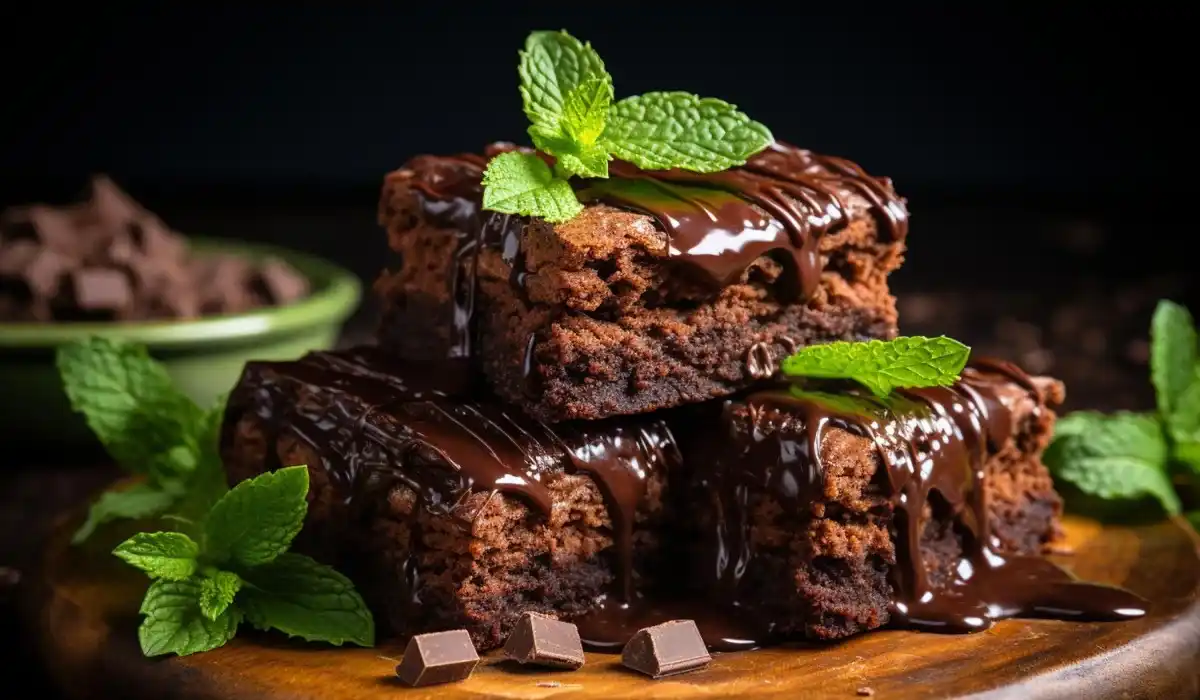 Irresistible homemade brownies on wooden surface