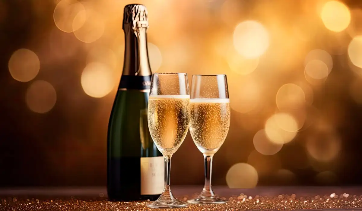 Bottle and glasses of champagne on shiny and gold background