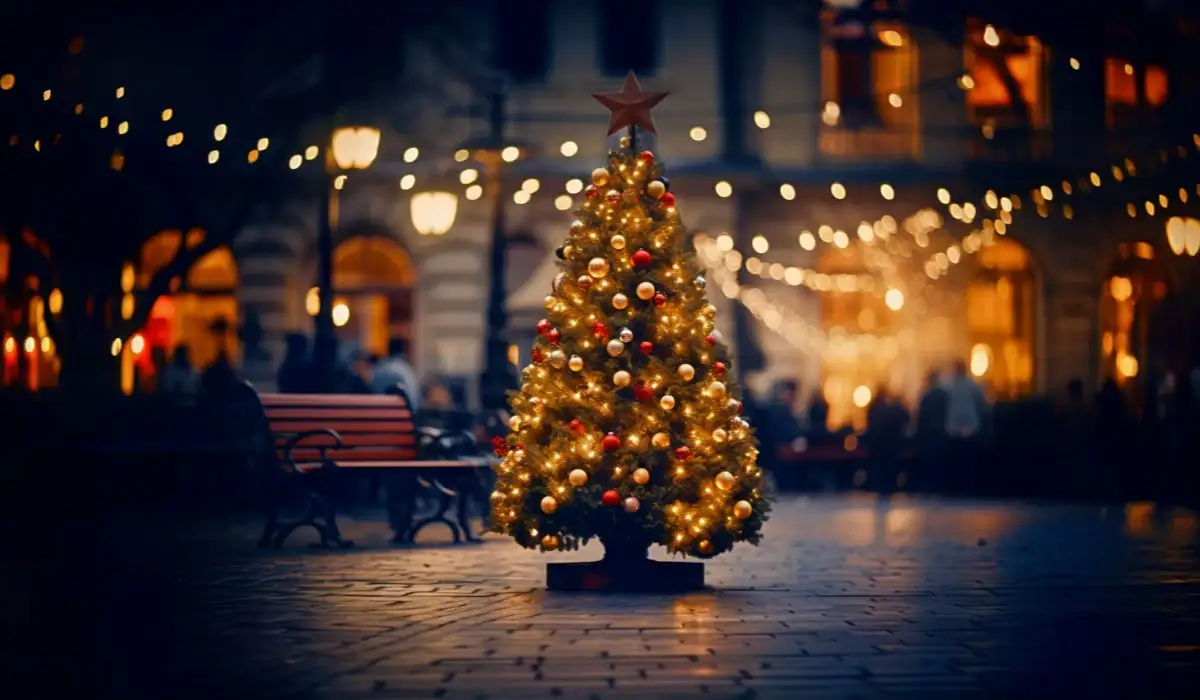 Christmas tree decorated with ornaments in a public space