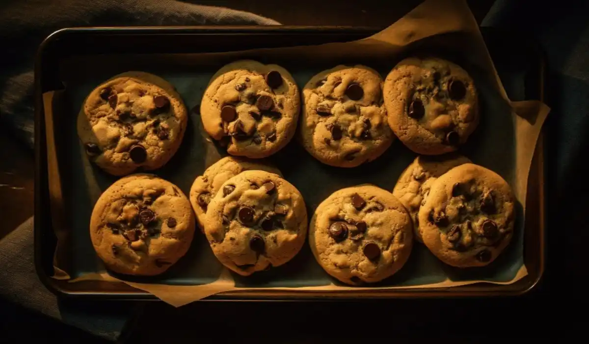 Freshly baked chocolate chip cookies on rustic tray