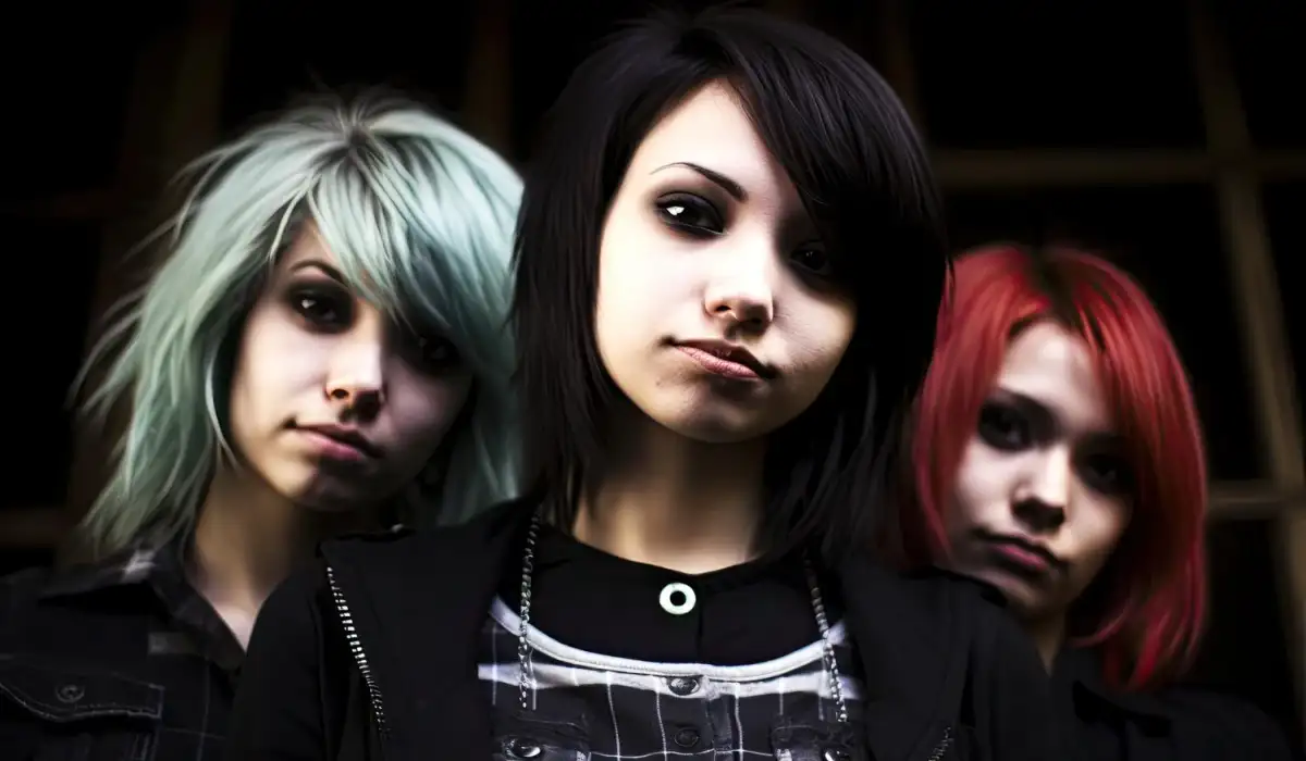 A group of emo women with different colored hair.