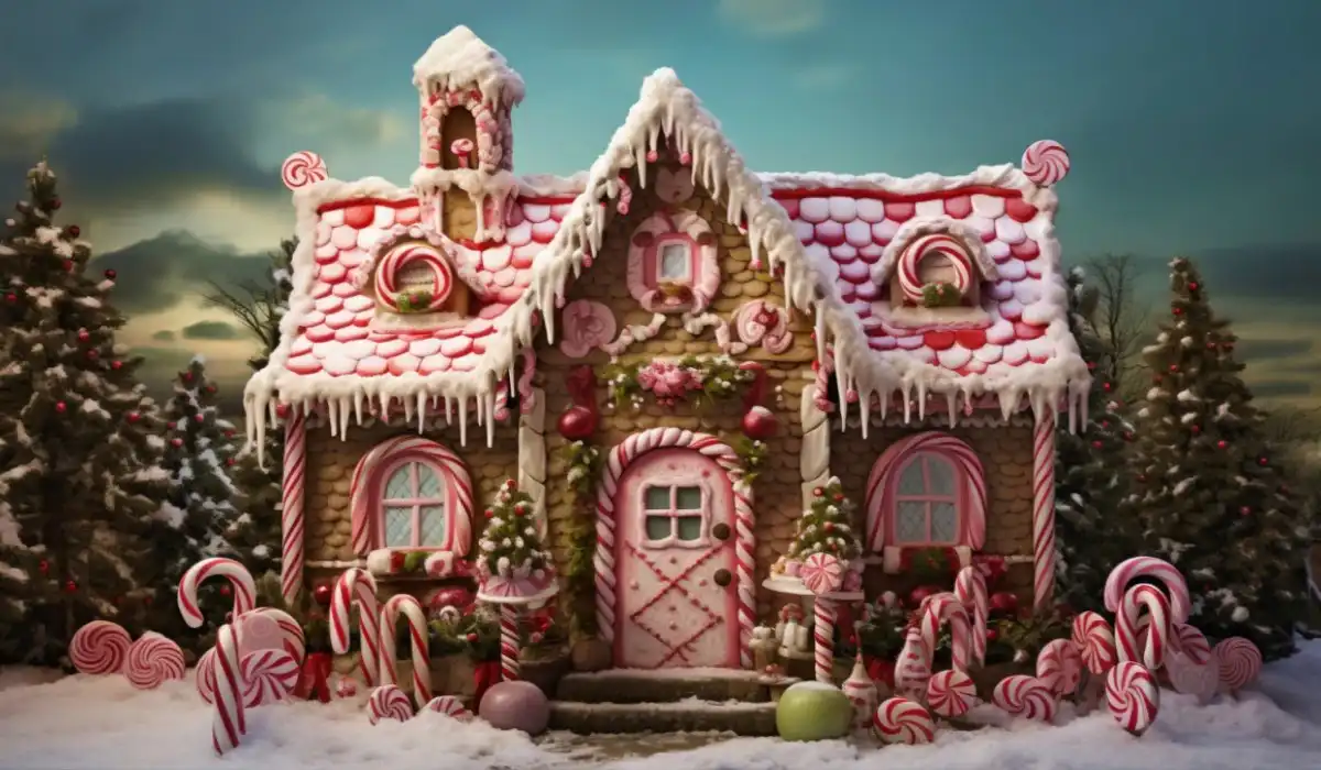 Delicious gingerbread house, with round candies and candy canes