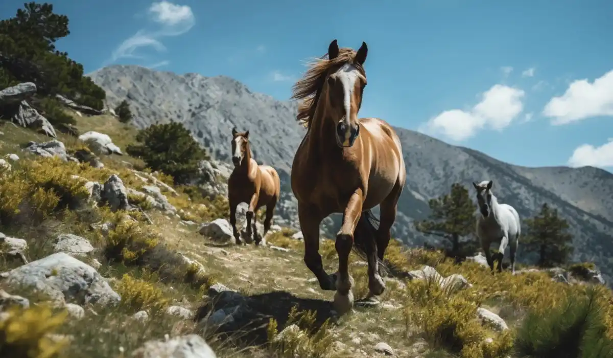 Three horses walking freely on the mountain