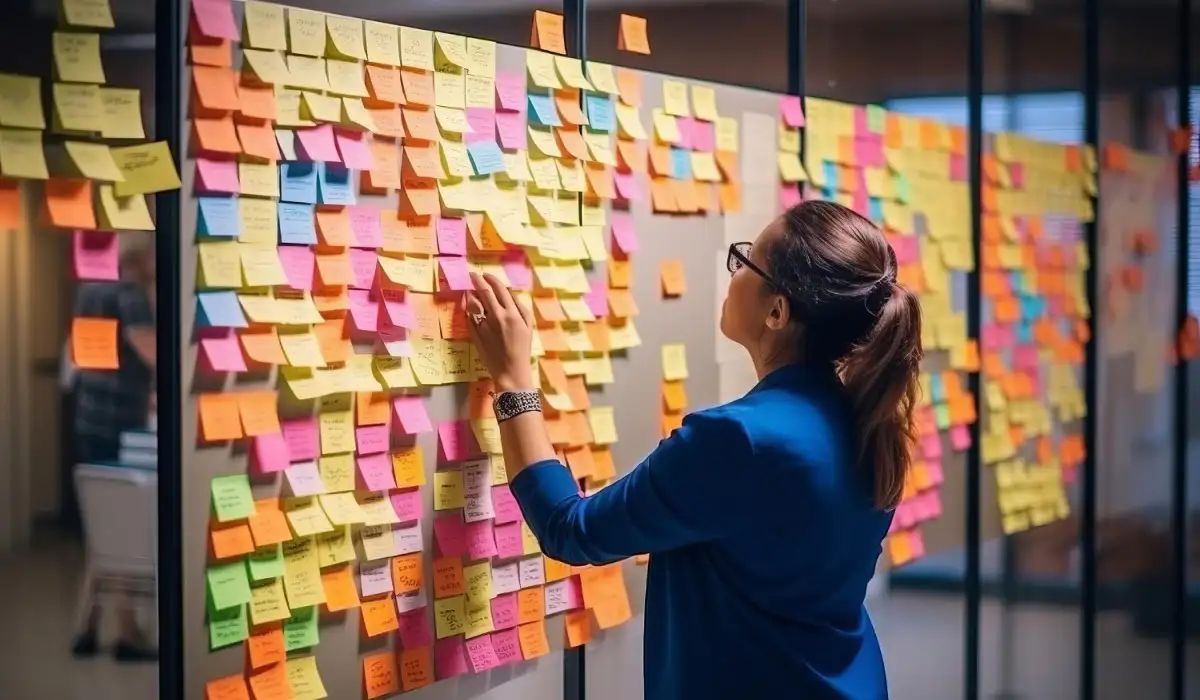 Creative woman planning various solutions to a schedule with many sticky notes