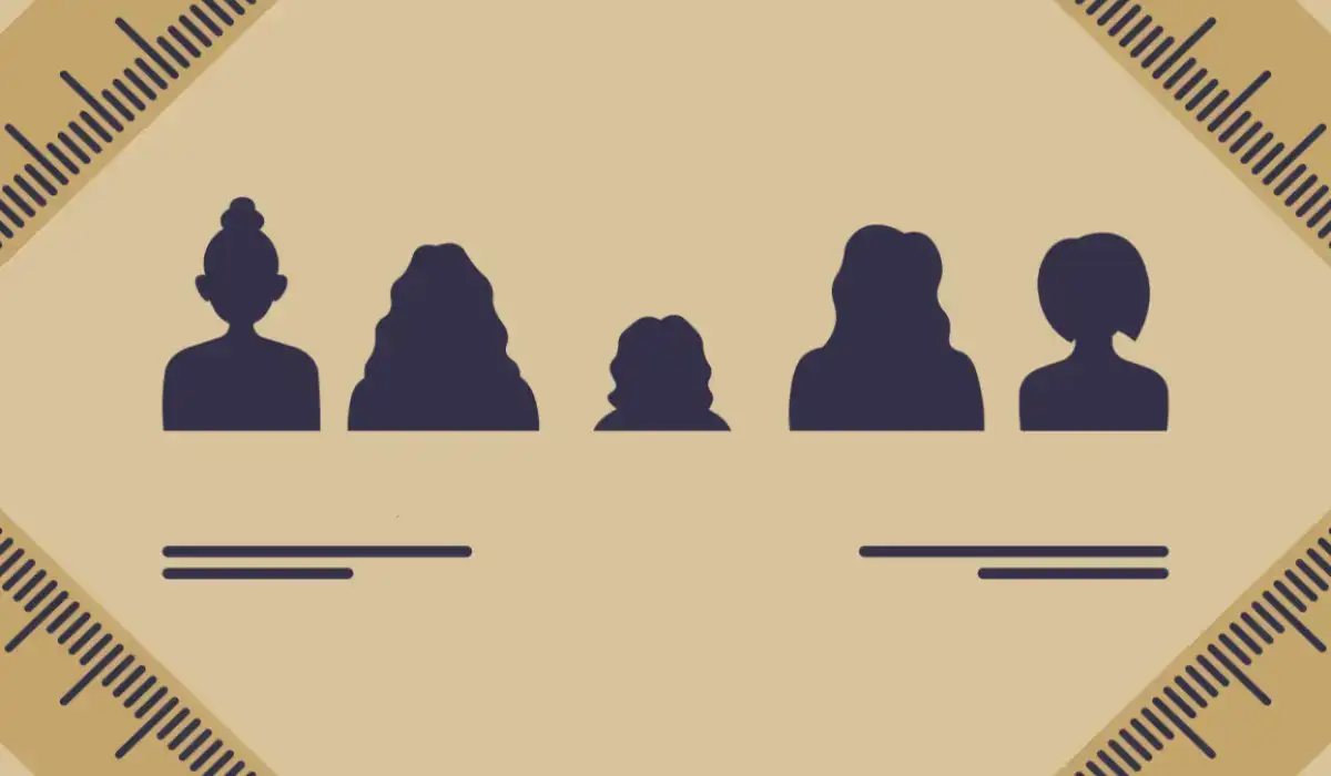Silhouette of 5 women making the middle one the shortest with ruler lines in the corners