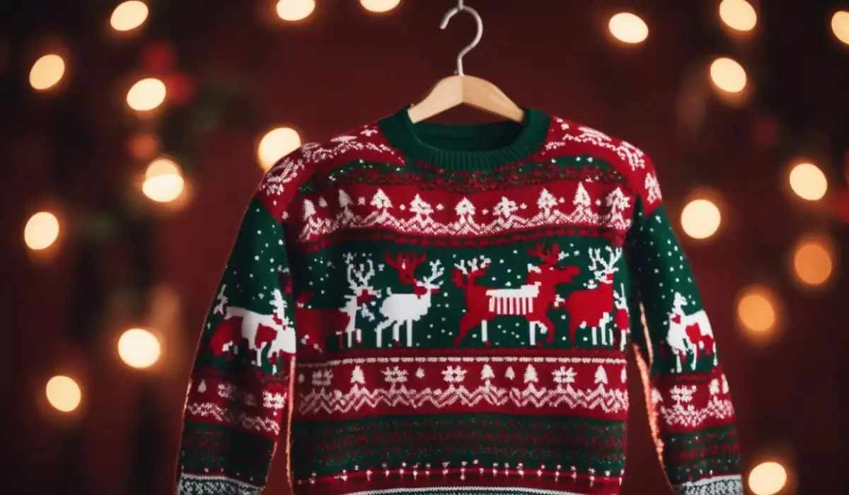 Ugly Christmas sweater held on a coat rack with lights in the background