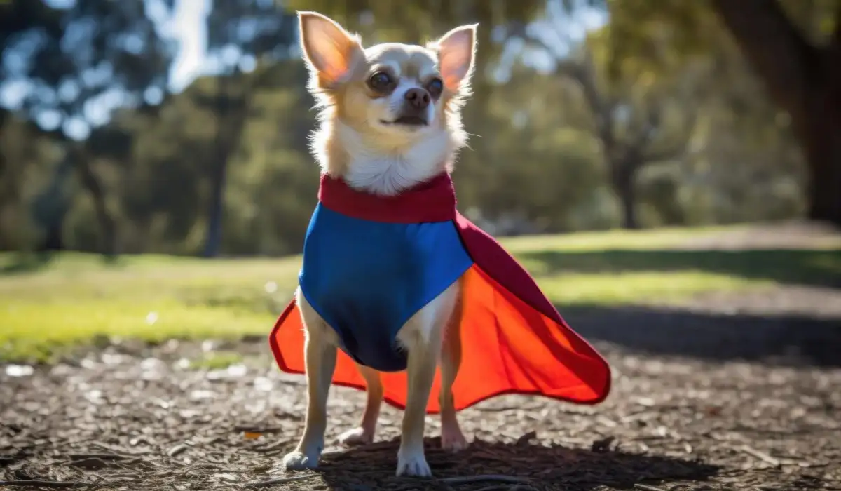 Superhero chihuahua dog with red cape standing in park with trees