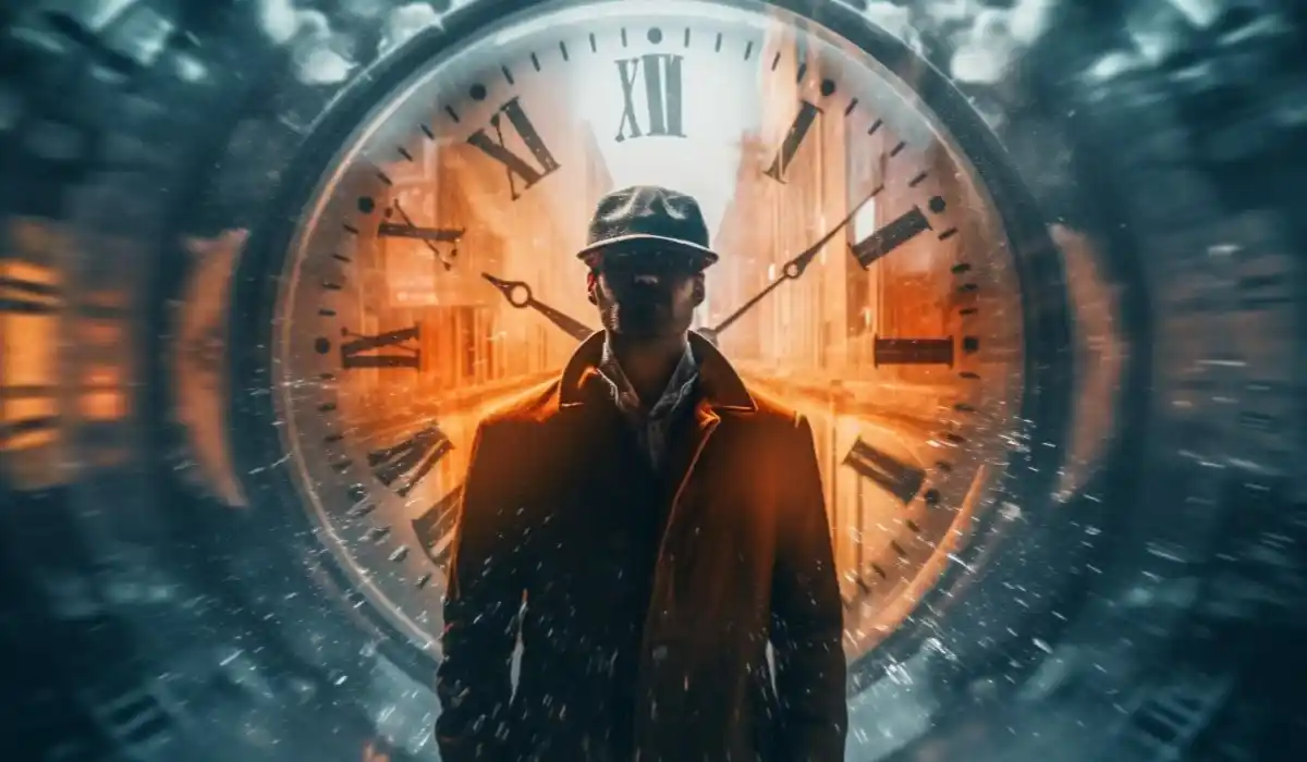 Man in front of a clock interpreting the concept of time travel