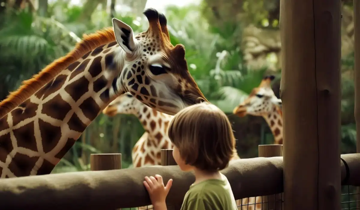A child is looking at a giraffe through a fence